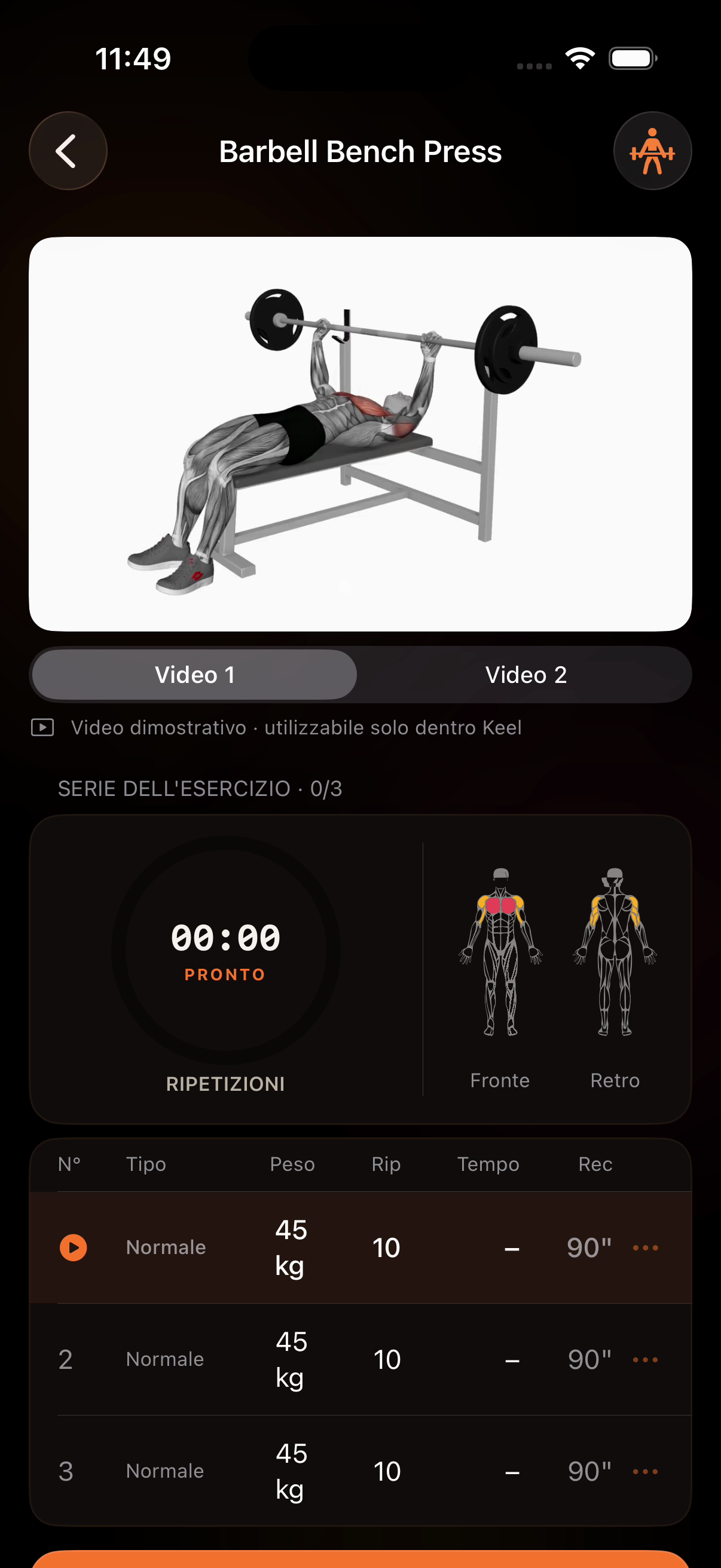 Allenamento in corso in Keel con esercizio, timer, serie, peso e recupero