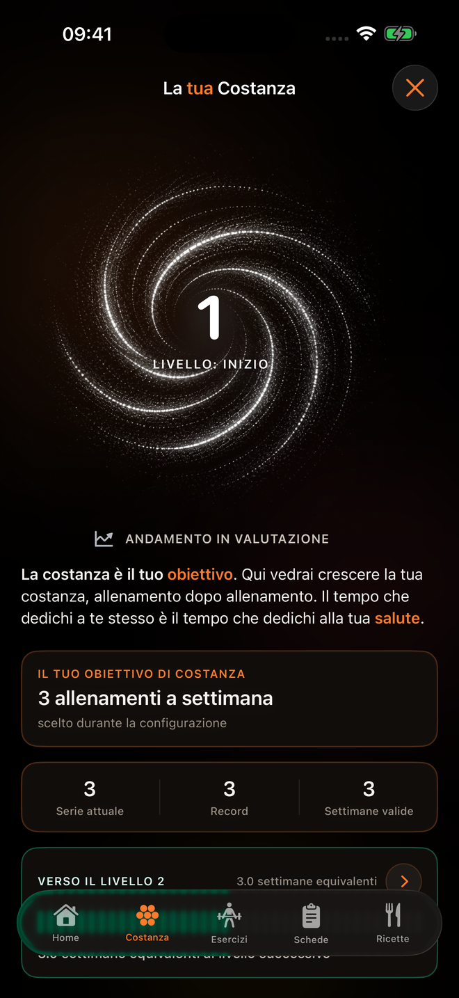 La tua Costanza in Keel, con livello, obiettivo settimanale e serie raggiunta