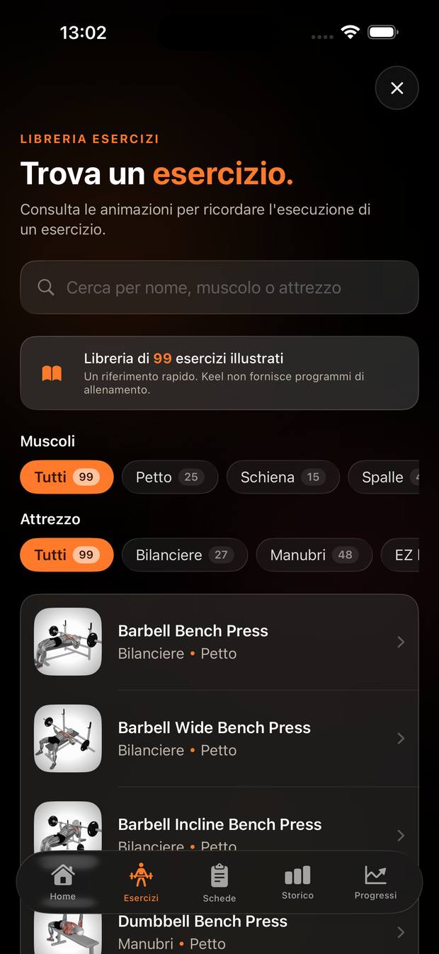 Libreria di 99 esercizi illustrati, filtrabile per muscolo e attrezzo