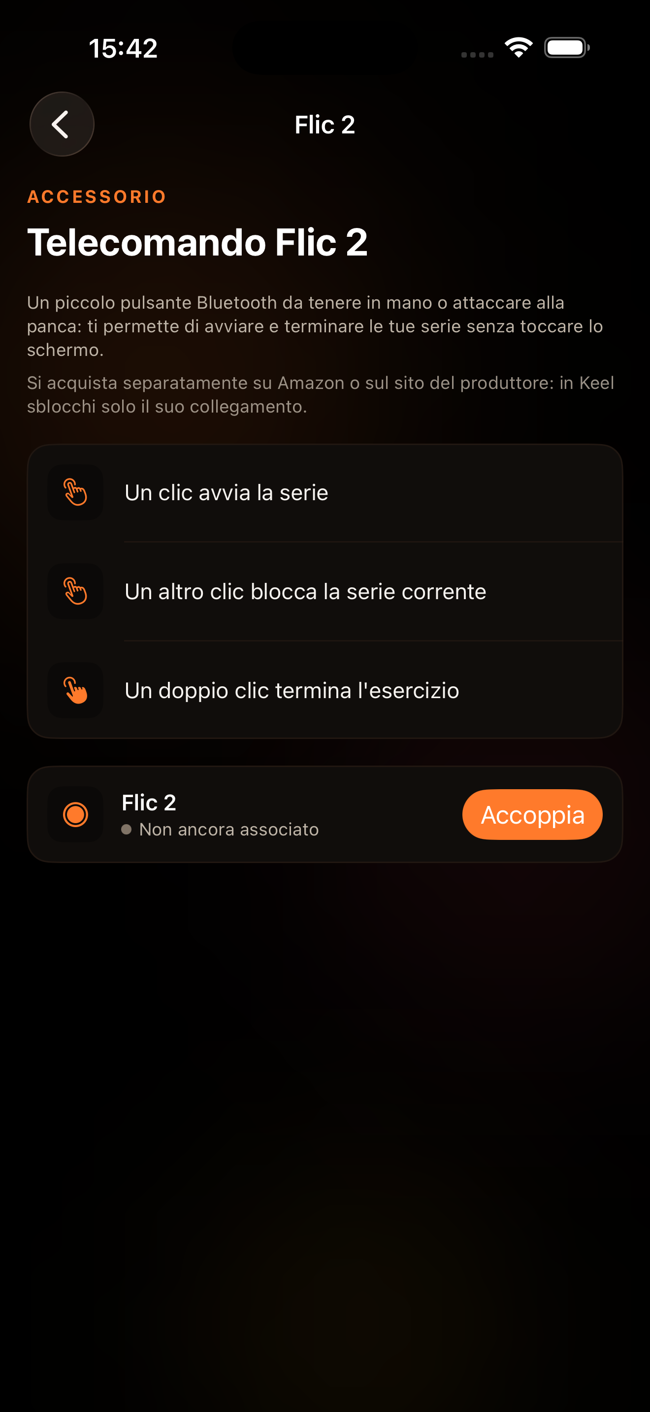 Schermata di Keel per associare e utilizzare il telecomando Flic 2