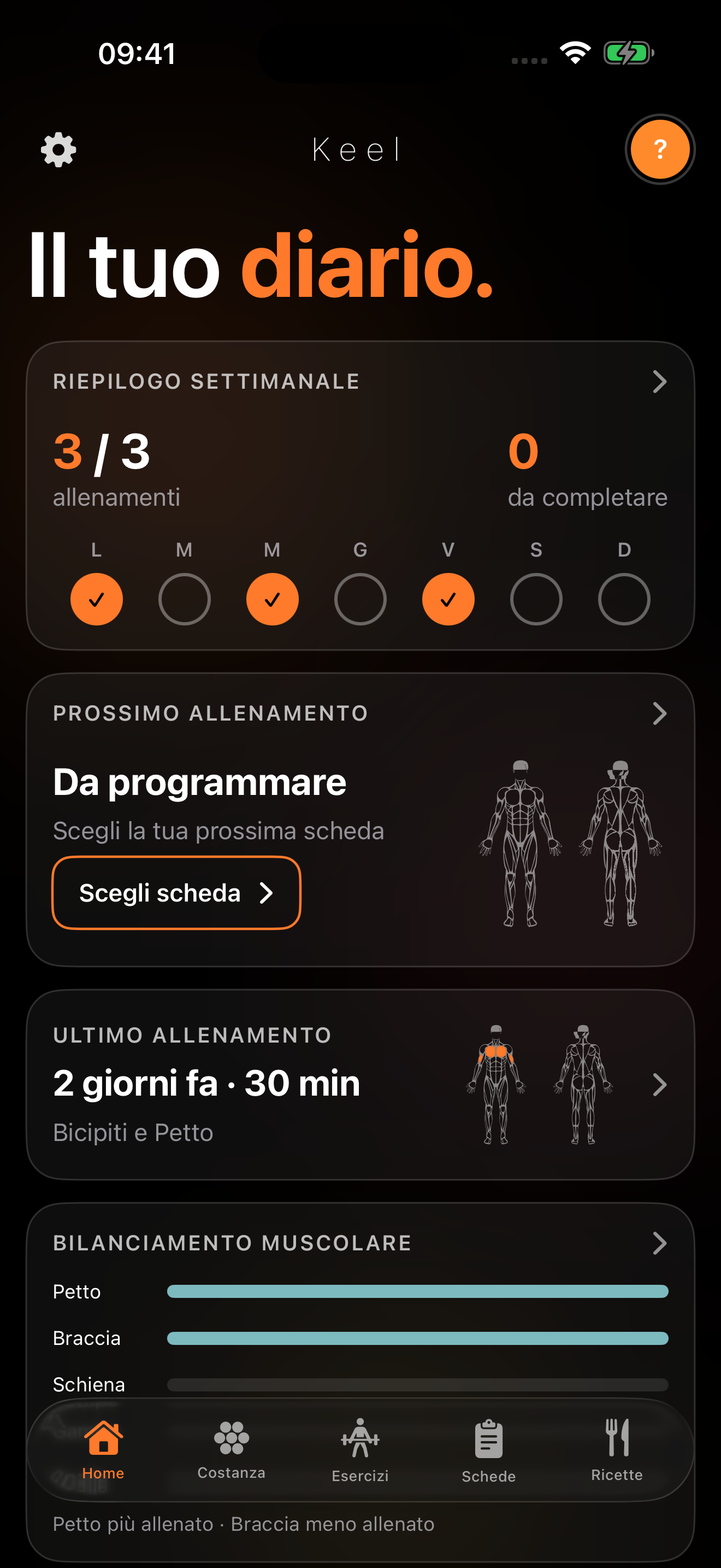 Nuova schermata Home di Keel con riepilogo settimanale e prossimo allenamento